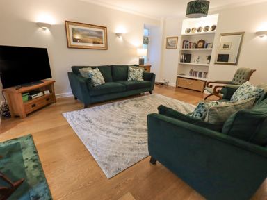 A living room with two green sofas a wooden tv stand with a television a white rug wooden floor shelves with books and decorative plates at Pudding Cottage Ambleside