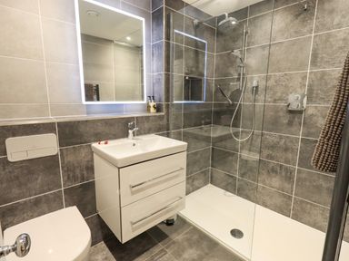 A bathroom with a toilet sink vanity mirror and a walk in shower at Pudding Cottage in Ambleside