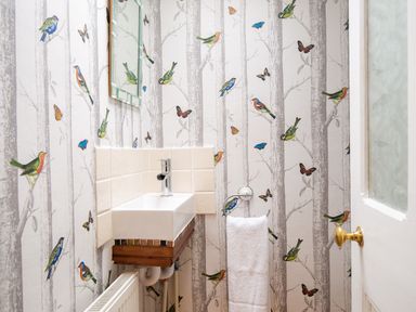 A small bathroom with a white sink and colorful bird and butterfly wallpaper at Ghyll Foot Cottage in Ambleside