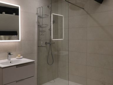A bathroom with a sink and illuminated mirror next to a glass shower enclosure with a showerhead and metal shelves at Ghyll Foot Cottage Ambleside