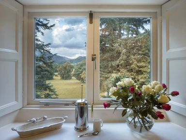 A window with a view of trees and hills with a vase of flowers french press cup and spoon on the windowsill at Tent Lodge in Coniston