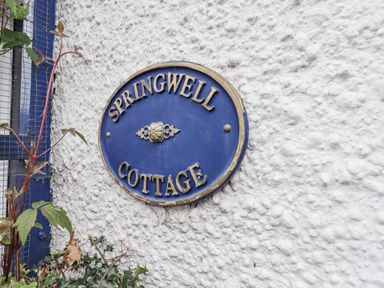 A blue oval sign with gold letters reading Springwell Cottage on a white textured wall with plants nearby at Springwell Cottage Ambleside