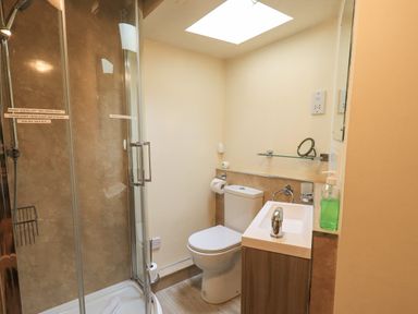A bathroom with a shower enclosure toilet sink and mirror at Springwell Cottage in Ambleside