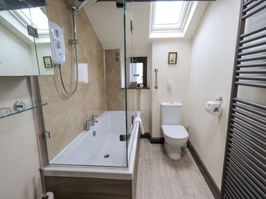 A bathroom with a bathtub shower, toilet, skylight window, towel radiator, and framed picture at Springwell Cottage Ambleside
