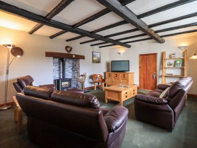 A living room with brown leather sofas a wooden coffee table a wood burning stove and a television on a wooden cabinet at Gale Lodge Cottage Ambleside