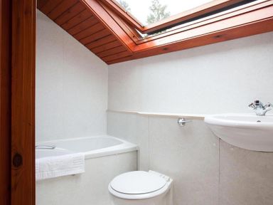 A bathroom with a bathtub toilet and sink under a wooden ceiling with a skylight at Low Croft Cottage in Grasmere