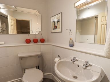 A bathroom with a toilet and sink with a mirror above and three red cherry decorations at Ghyll Heights Ambleside