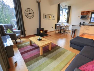 A living room with a wood stove coffee table and dining table in an open plan kitchen at Idle Mill 2 in Ambleside