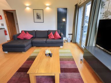 A living room with a dark sofa with red pillows a wooden coffee table on a multicolored striped rug and a television on a cabinet at Idle Mill 2 Ambleside