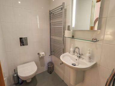 A small bathroom with a wall-mounted toilet a sink with soap dispensers a wall-mounted glass shelf with a roll of toilet paper and a heated towel rail at Idle Mill 2 in Ambleside