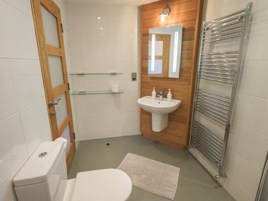 A bathroom with a toilet, sink, mirror with lights, towel heater, shelves, and door at Idle Mill 2 Ambleside