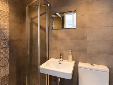 A bathroom with a shower enclosure a sink with a soap dispenser and a toilet at Fell Cottage in Ambleside
