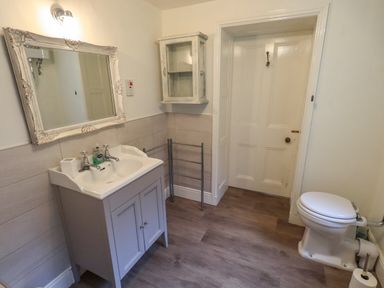 A bathroom with a sink cabinet mirror wall cabinet toilet and door at Stepping Stones House in Ambleside