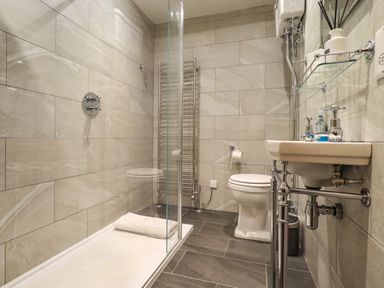 A bathroom with a shower area separated by glass a toilet and a sink with toiletries at Stepping Stones House in Ambleside