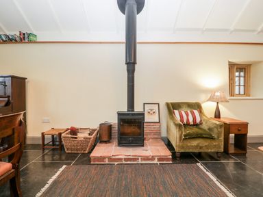 A room with a wood-burning stove on a brick hearth a green armchair with a striped pillow a wooden side table with a lamp and a woven basket at Old Cary Cottage Henley near Langport