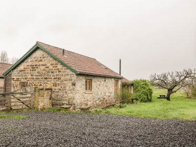 A stone cottage with a tiled roof next to a gravel driveway and green lawn with trees at Old Cary Cottage Henley near Langport