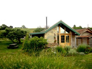 A stone cottage with a green roof surrounded by grass bushes flowers and trees at Old Cary Cottage Henley near Langport