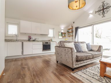 An open kitchen and living area with white cabinets a sofa and wooden floors at Chycoose Hicks Mill near Perranarworthal