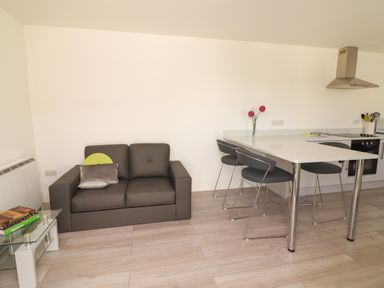 A small living area with a dark sofa and pillows next to a kitchen counter with three chairs and flowers at Coolnaharragill Lower Annexe in Glenbeigh County Kerry