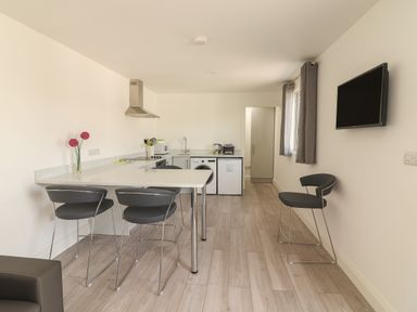 A kitchen with a countertop and bar stools a washing machine a refrigerator a tv mounted on the wall at Coolnaharragill Lower Annexe in Glenbeigh County Kerry