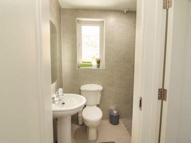A bathroom with a toilet sink mirror window with towels and flowers and a small trash can at Coolnaharragill Lower Annexe in Glenbeigh County Kerry