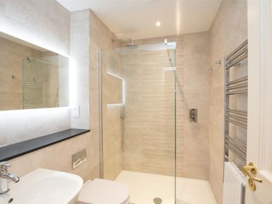 A bathroom with a walk in shower a sink a toilet and a heated towel rail at Romney 12 in Waterhead near Ambleside