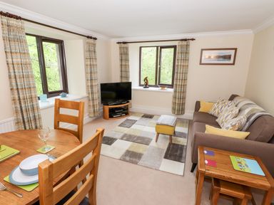 A living room with a sofa a small dining table with chairs a television on a stand and windows with curtains at Waterfalls in Ambleside