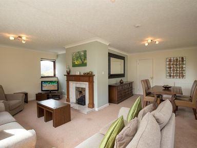 A living room with sofas a coffee table a fireplace a television a dining table with chairs and a sideboard with a large mirror at Todd Crag Ambleside