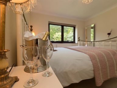 A bedroom with a metal bed frame a bottle of champagne in an ice bucket and two wine glasses on a bedside table at Todd Crag in Ambleside
