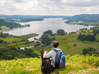 A person with a backpack sitting on grass with a black dog overlooking a large lake and green fields at Lowfold Cottage in Ambleside