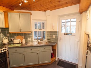 A kitchen with green cabinets a stainless steel sink a kettle toaster and a white door with window panels at Sunset Cottage in Ambleside