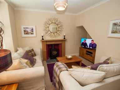 A living room with two beige sofas a wooden coffee table a fireplace and a television at Acorn Cottage in Ambleside