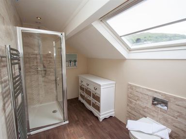 A bathroom with a glass shower enclosure a white cabinet under a sloped ceiling and a skylight window at Acorn Cottage in Ambleside