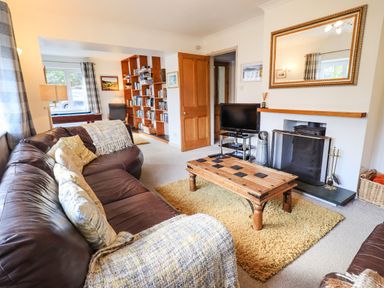 A living room with a brown leather sofa a wooden coffee table a fireplace a TV and a bookshelf at Rawfell in Great Langdale
