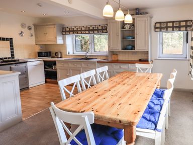 A kitchen and dining area with a wooden table and white chairs with blue cushions at Rawfell in Great Langdale