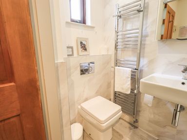 A small bathroom with a toilet sink towel rack and a wooden door at Rawfell in Great Langdale