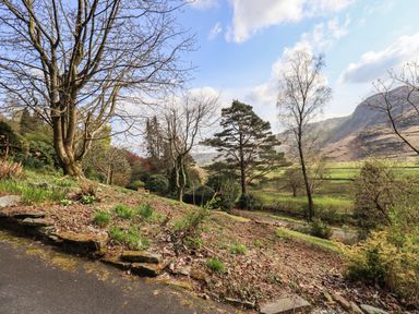 A garden with leafless and evergreen trees overlooking a field and mountain at Rawfell in Great Langdale