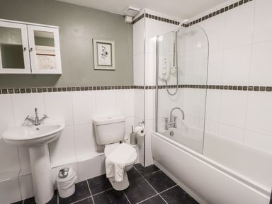 A bathroom with a sink, toilet, bathtub with shower, and a wall cabinet at Babbling Brook in Ambleside