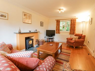 A living room with a fireplace a TV armchairs a wooden coffee table and patterned curtains at Orchard House in Ambleside