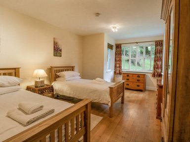A bedroom with two single beds a bedside table with a lamp a chest of drawers and a window with curtains at Orchard House in Ambleside