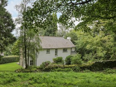 A white house surrounded by trees and greenery with a stone wall in front at Orchard House in Ambleside