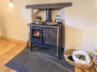 A wood burning stove with a kettle on top and firewood in a basket on the floor at Janes Cottage in Hawkshead