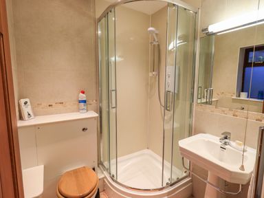 A bathroom with a shower enclosure a sink a toilet and a mirror at Low House in Ullswater