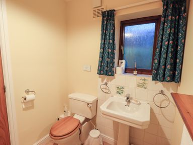 A bathroom with a toilet and a sink under a window with blue floral curtains at Low House Ullswater