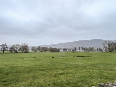 A grassy field with scattered trees and hills in the background at Low House in Ullswater