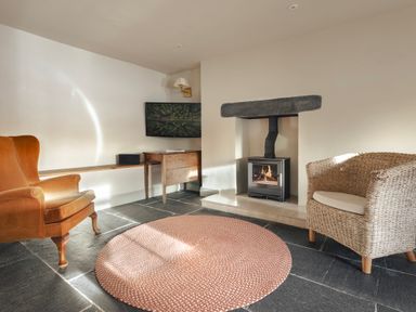 A living room with an orange armchair a wicker chair a round rug a wood stove and a wall mounted television at High Lindeth in Bowness