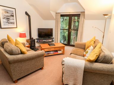 A living room with two sofas a wooden coffee table a television and a wood stove at Fir Howe in Skelwith