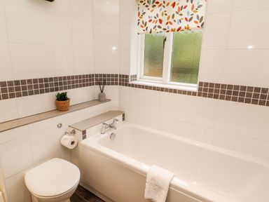 A bathroom with a bathtub toilet and window with leaf patterned blind at Fir Howe in Skelwith
