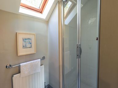A shower enclosure with glass doors next to a wall with a towel rack holding a white towel below a framed picture and a skylight window at The Stables in Ambleside