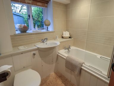 A bathroom with a toilet a sink a bathtub and a window with greenery outside at Hannakin Barn Hawkshead
